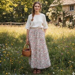 Loramendi Ditsy Floral Tiered Cottagecore Pockets Boho Pull On Maxi Skirt Sz L